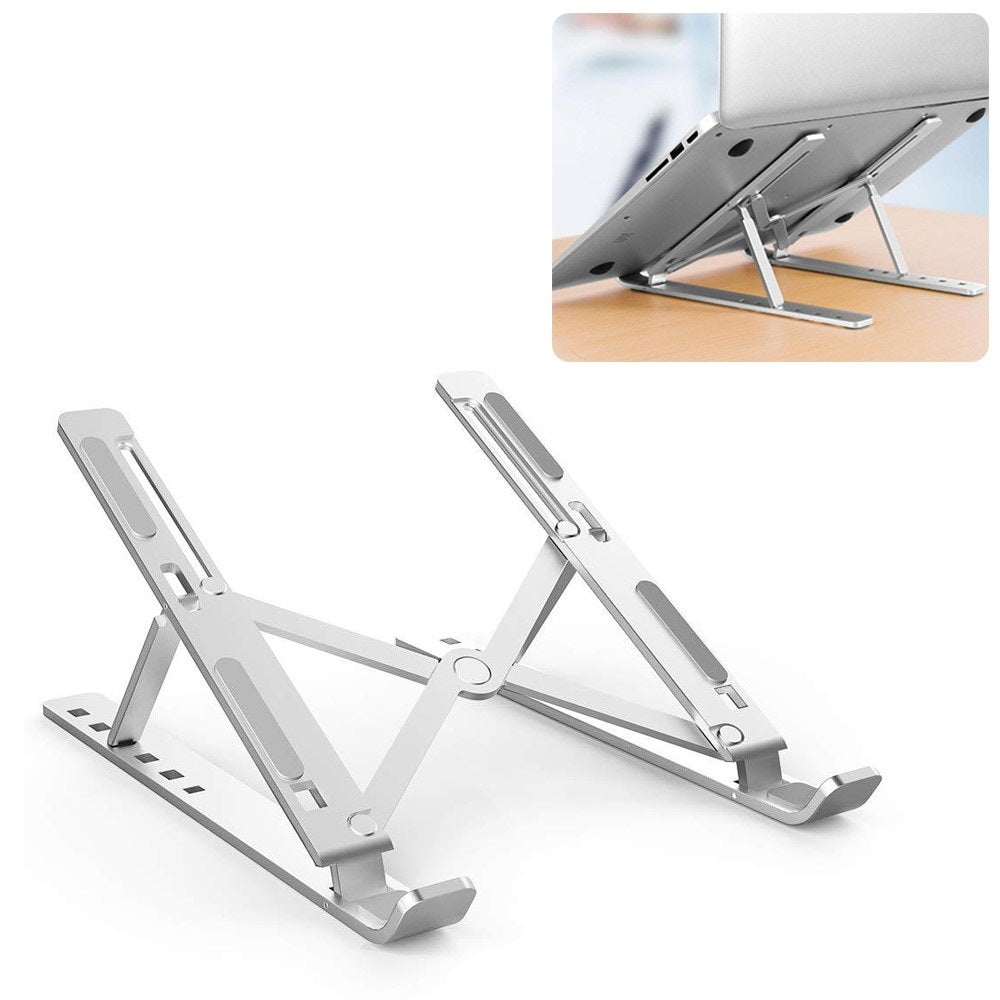 Silver laptop stand on a white background with an inset showing its use.