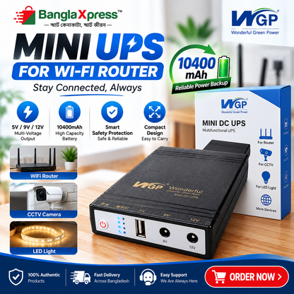 WGP Mini UPS 10400mAh for WiFi Router – Multi-Voltage Power Backup