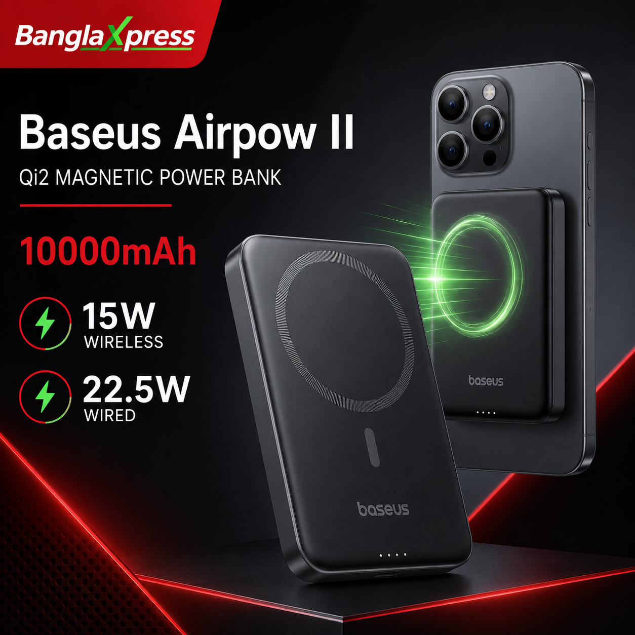 Baseus Airpow Ⅱ Qi2 10000mAh MagSafe Power Bank, 15W Wireless Charger