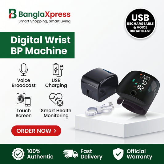 BanglaXpress Digital Wrist BP Machine advertisement showing a black digital wrist blood pressure monitor and its charging case on a white pedestal, with feature icons and promotional text.