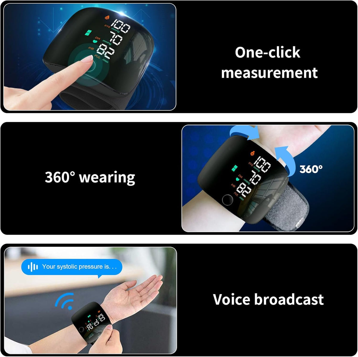 Three-panel promotional graphic for a wrist blood pressure monitor. Top panel shows a finger pressing the display with text 'One-click measurement.