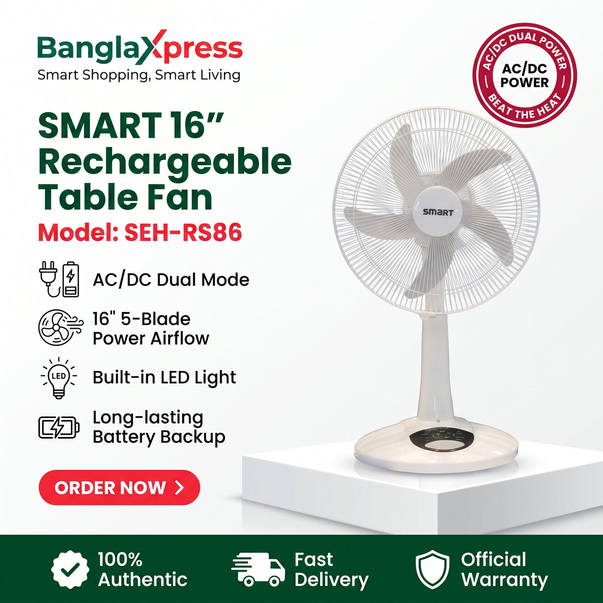BanglaXpress 16-inch rechargeable table fan in white, shown on a pedestal with promotional text and feature icons on a white background with a dark green footer.
