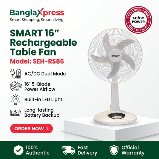 BanglaXpress 16-inch rechargeable table fan in white, shown on a pedestal with promotional text and feature icons on a white background with a dark green footer.
